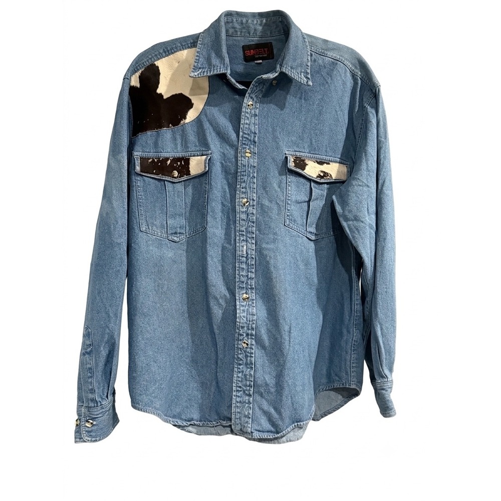 Vintage Sunbelt Denim Western Shirt Mens M Cow Print Patch Faux Hide 90s Cotton